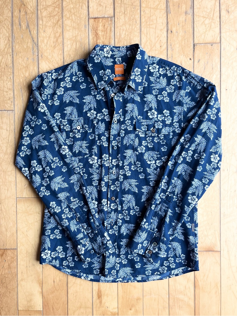 Boss Hugo Boss 100% Cotton Tropical Floral Slim‑Fit Button‑Up Shirt Size Large